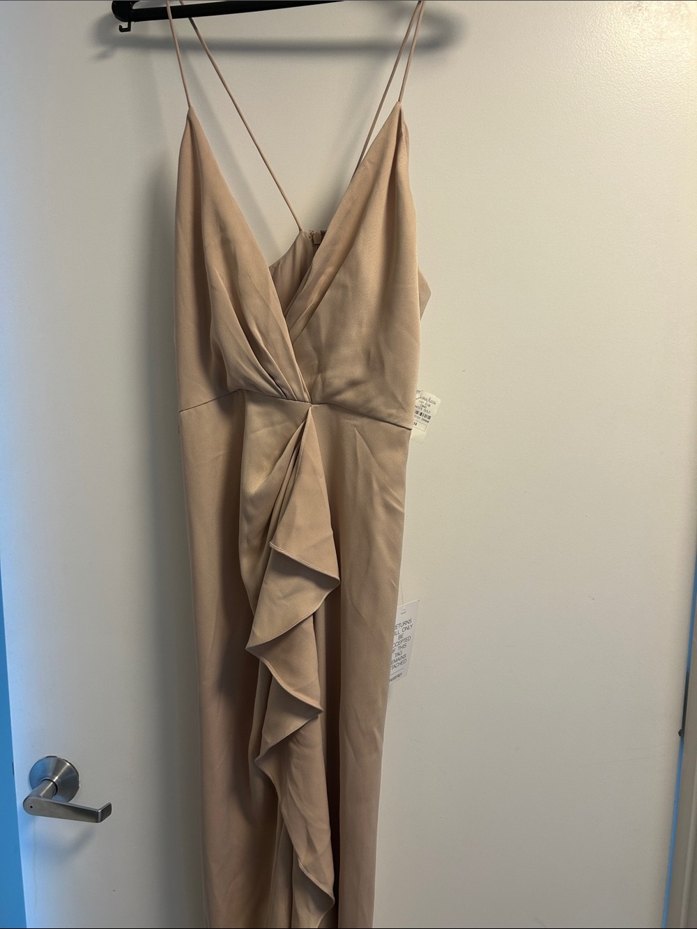 JAYGODFREY Blush Beige Ruffle-Front Spaghetti-Strap Maxi Dress